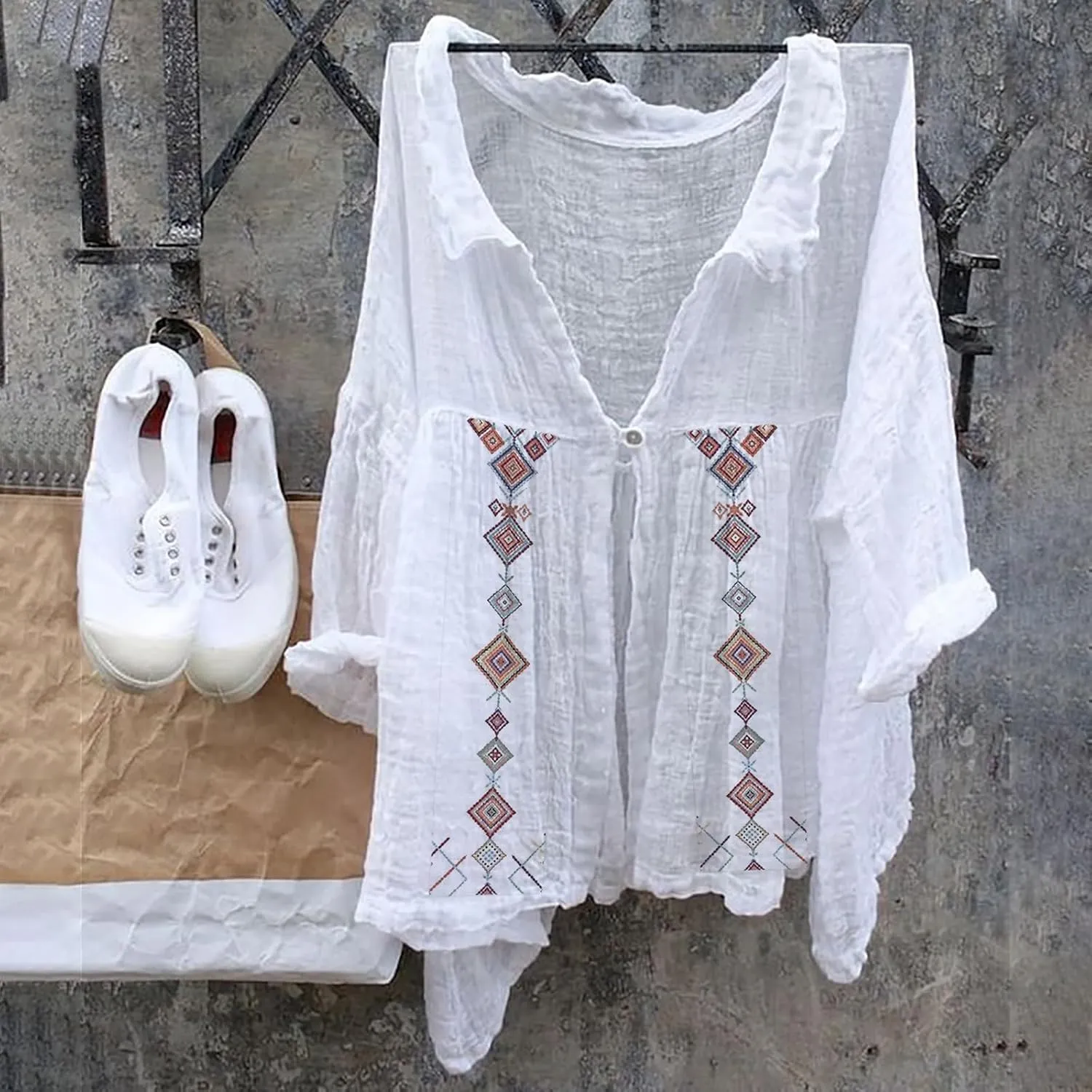 Womens Long Sleeve Button Down Long Sleeve Cotton Linen Tops for Women Loose Fit V Casual Collared Blouses Loose Fit