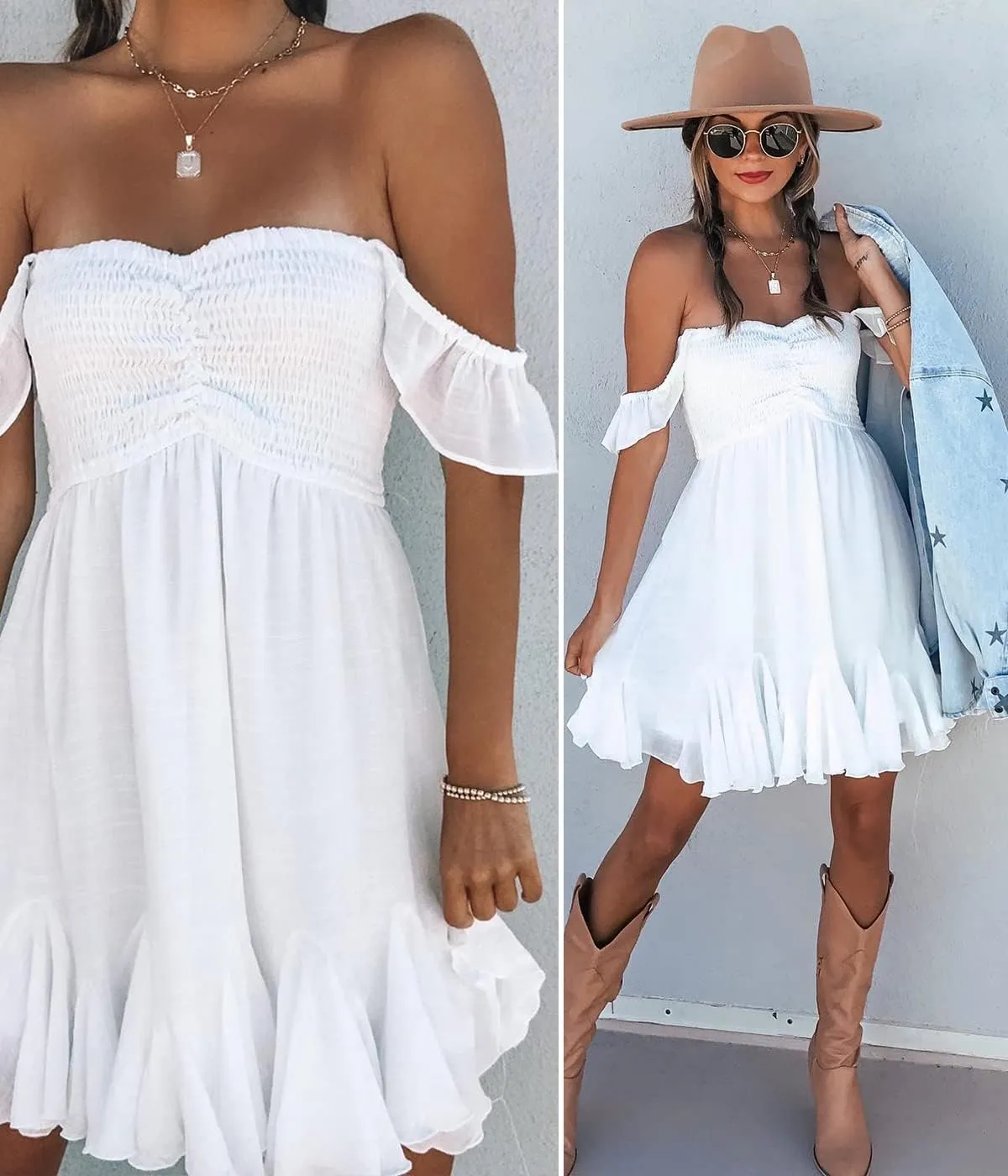 Womens Off Shoulder Mini Dress Sweetheart Neck Smocked Elastic Straps Ruffle Hem Flowy Swing Short Sundress