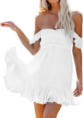 Womens Off Shoulder Mini Dress Sweetheart Neck Smocked Elastic Straps Ruffle Hem Flowy Swing Short Sundress