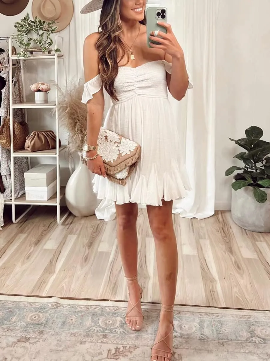 Womens Off Shoulder Mini Dress Sweetheart Neck Smocked Elastic Straps Ruffle Hem Flowy Swing Short Sundress