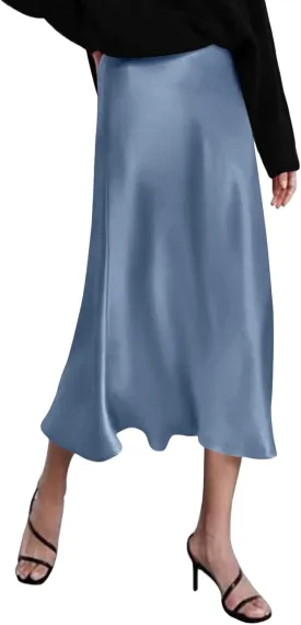 Womens Satin Silk Maxi Skirts Fashion Elastic High Waist Skirt Summer Casual Solid Color A Line Cocktail Party Skirt