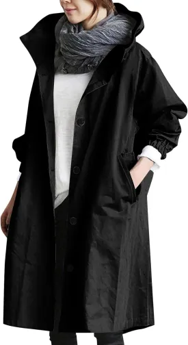 Womens Trench Coat Lightweight Hooded Waterproof Rain Jacket Outdoor Button Down Oversized Windbreaker Outwear