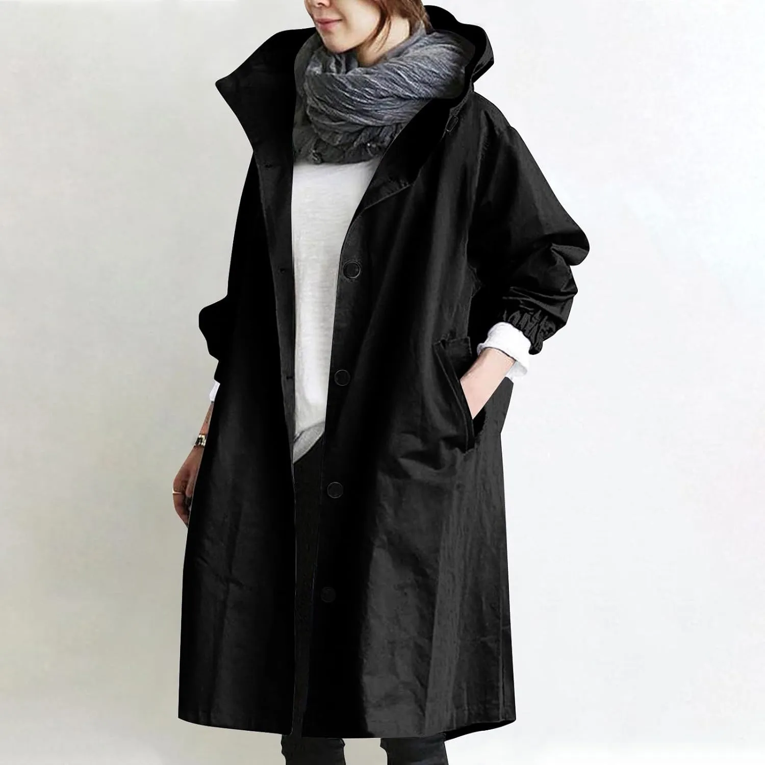 Womens Trench Coat Lightweight Hooded Waterproof Rain Jacket Outdoor Button Down Oversized Windbreaker Outwear
