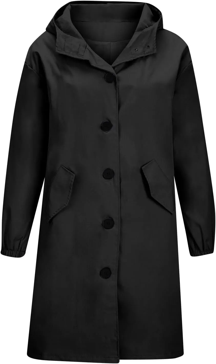 Womens Trench Coat Lightweight Hooded Waterproof Rain Jacket Outdoor Button Down Oversized Windbreaker Outwear