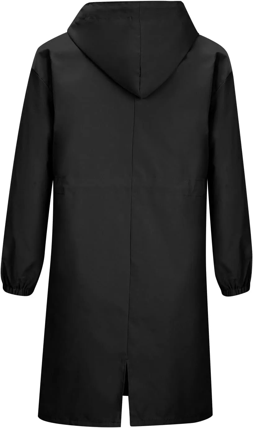 Womens Trench Coat Lightweight Hooded Waterproof Rain Jacket Outdoor Button Down Oversized Windbreaker Outwear