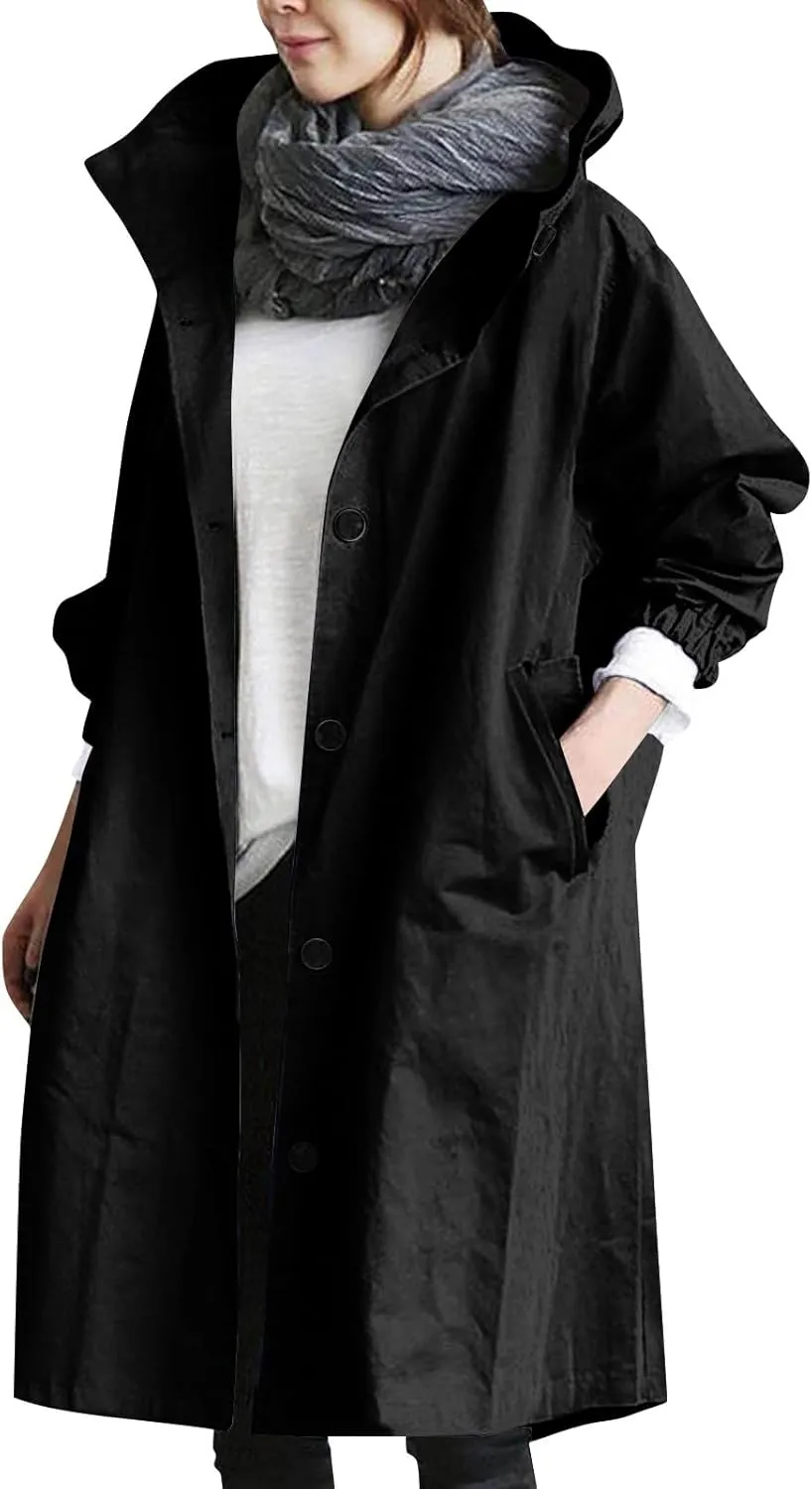 Womens Trench Coat Lightweight Hooded Waterproof Rain Jacket Outdoor Button Down Oversized Windbreaker Outwear