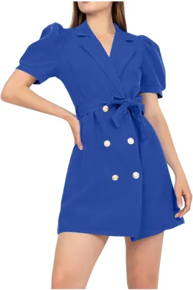 Women's Work Dresses Business Dressy Short Sleeve Notch Lapel Collar Button Belted Double Breasted Blazer Dress