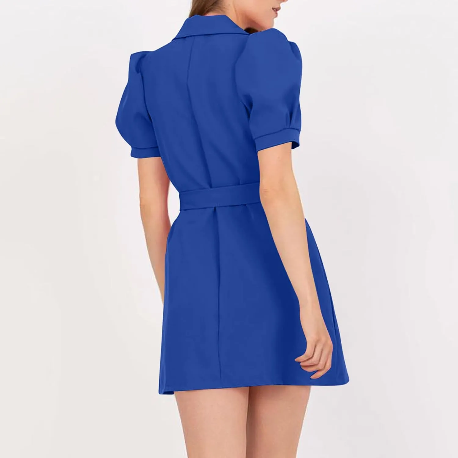 Women's Work Dresses Business Dressy Short Sleeve Notch Lapel Collar Button Belted Double Breasted Blazer Dress