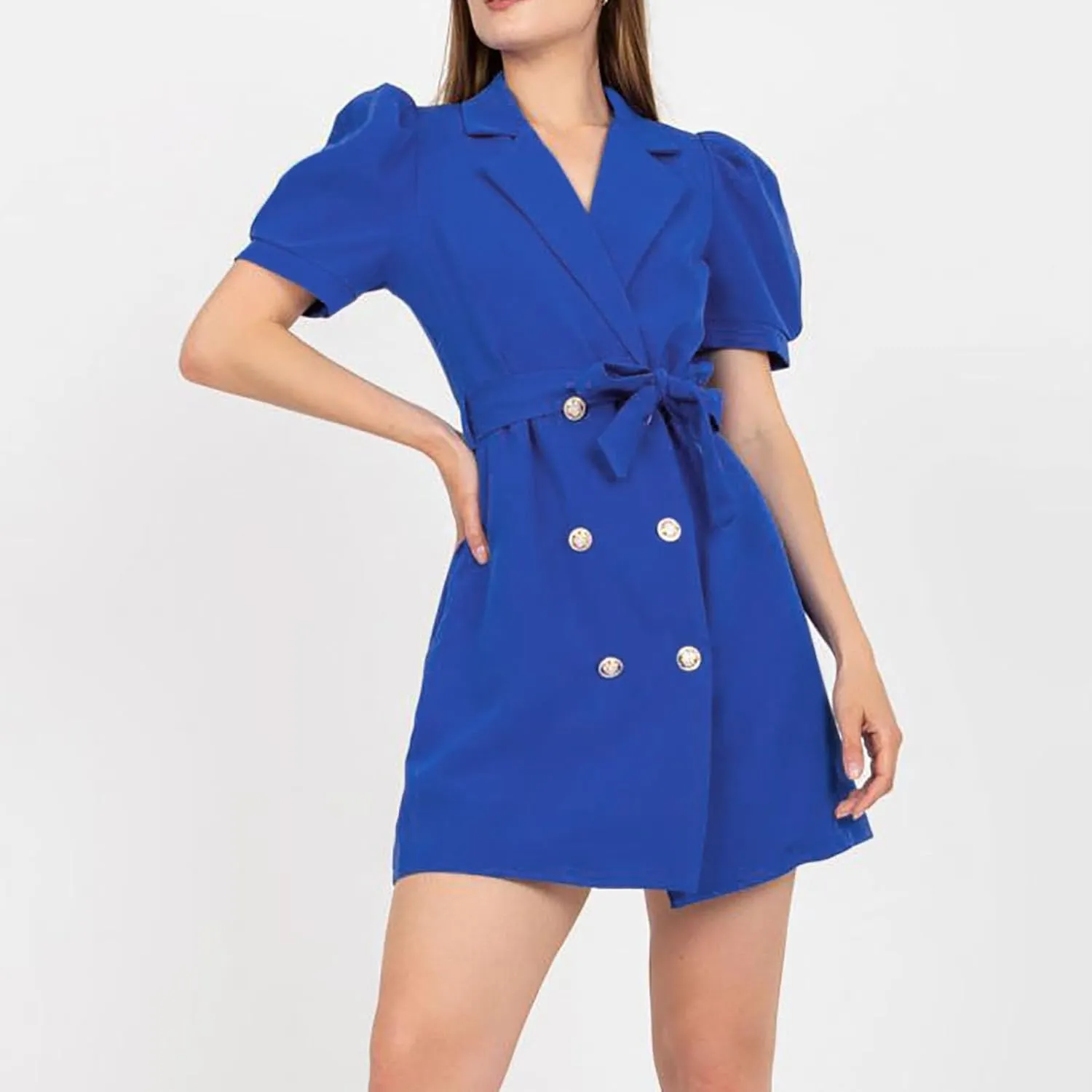 Women's Work Dresses Business Dressy Short Sleeve Notch Lapel Collar Button Belted Double Breasted Blazer Dress